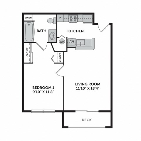 Floor plan for 1 bed, 1 bath, 580 sqft